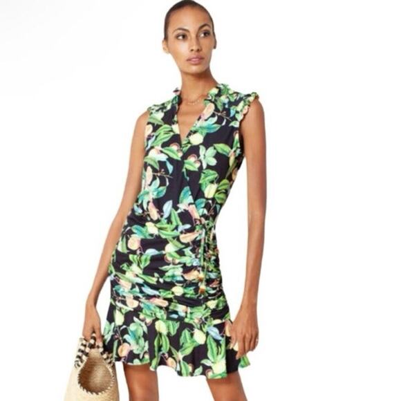 Hale Bob Women's Faux Wrap Ruched Smocked Shoulder Bodycon Mini Dress Tassle Tie - Picture 1 of 12